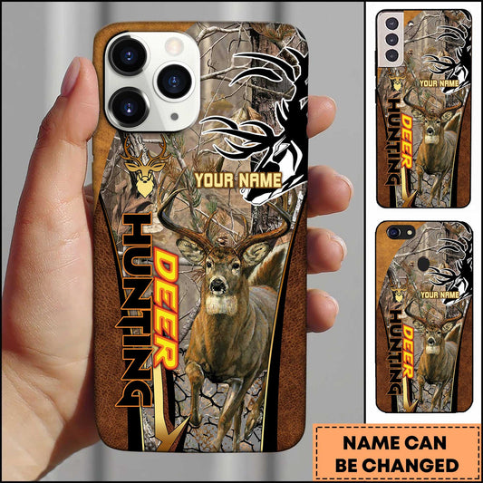 BlueJose Hunting Phone Case Running Whitetail Deer Vertical Typography Leather Camo Design Personalized Name Phone Case (4 colors)