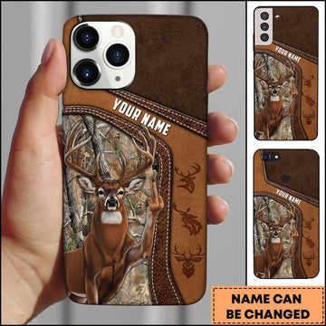 BlueJose Hunting Phone Case Funny Whitetail Deer Middle Finger Leather Stitch Camo Art Personalized Name Phone Case (5 colors)