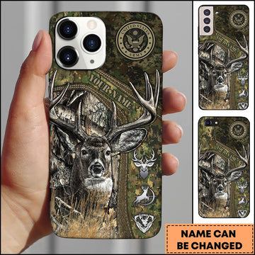 BlueJose Hunting Phone Case Whitetail Deer Camouflage US Army Badge Vintage Woodland Personalized Name Phone Case