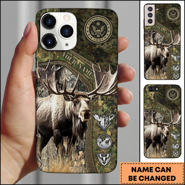 BlueJose Hunting Phone Case Moose Woodland Camouflage US Army Emblem Rustic Wildlife Personalized Name Phone Case