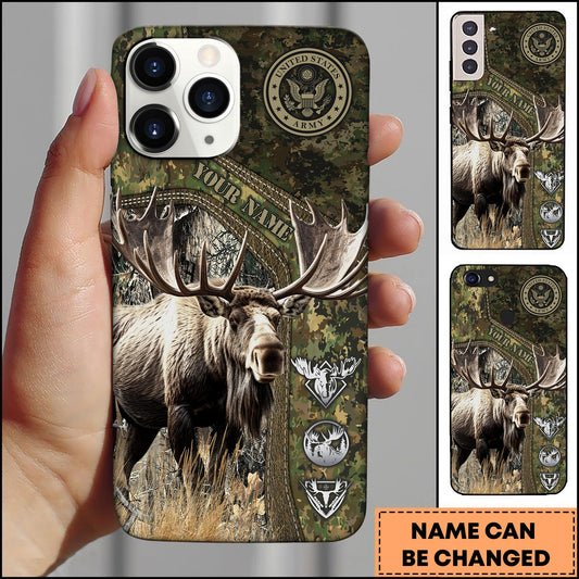BlueJose Hunting Phone Case Moose Woodland Camouflage US Army Emblem Rustic Wildlife Personalized Name Phone Case