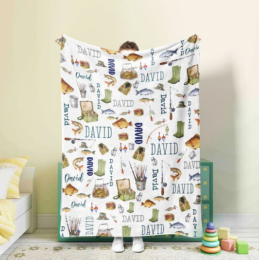 BlueJose Custom Name Fishing Pattern Blanket