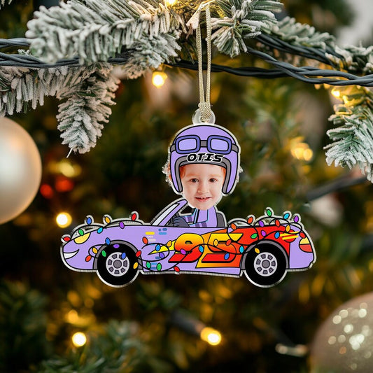 Bluejose Custom Photo Face Race Car Ornament – Personalized Kids Christmas Ornament