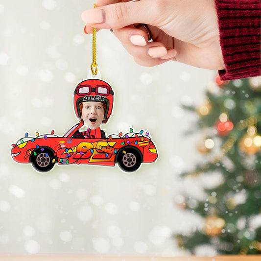 Bluejose Custom Photo Face Race Car Ornament – Personalized Kids Christmas Ornament