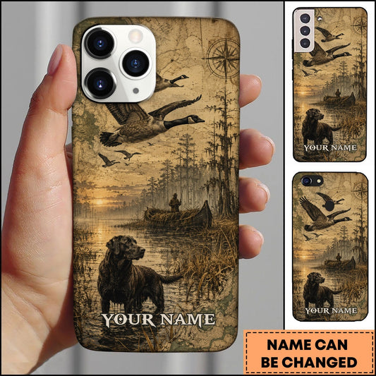 BlueJose Duck Hunting Labrador Retriever Wetland Vintage Map Multiple Options Personalized Name Phonecase