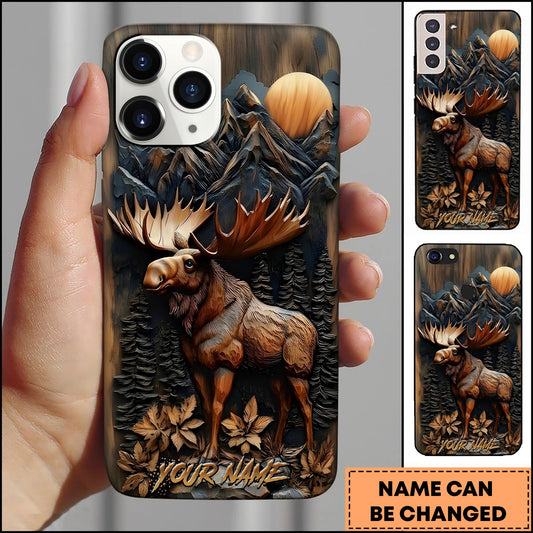 BlueJose Moose Wildlife Wooden Carving Mountain Sunset Multiple Options Personalized Name Phone Case