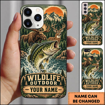 BlueJose Bass Fishing Bear Mountain Wilderness Scene Personalized Name 3D Phone Case