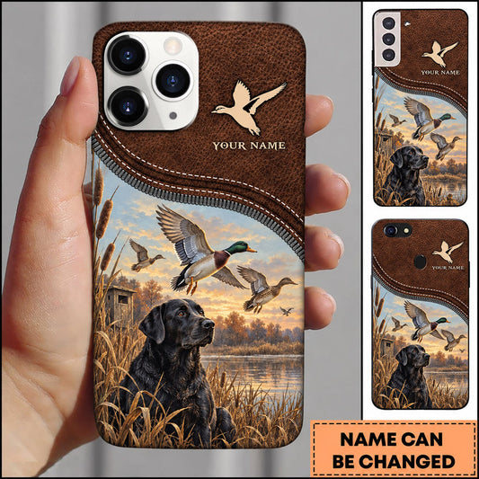 BlueJose Duck Hunting Black Lab Leather Flying Mallards Personalized Name 3D Phone Case