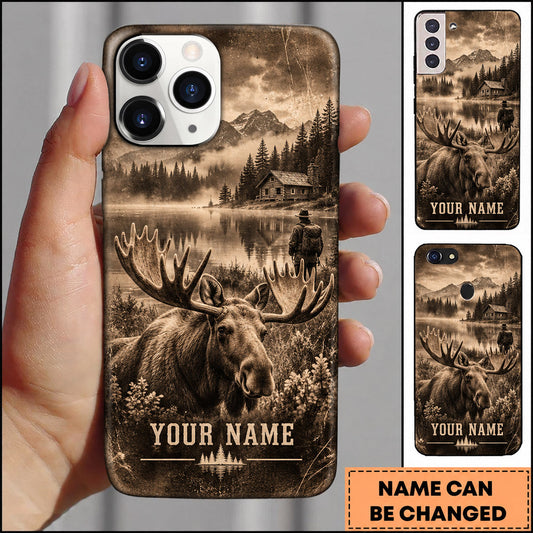 BlueJose Moose Hunting Sepia Mountain Lake Wilderness Personalized Name 3D Phone Case