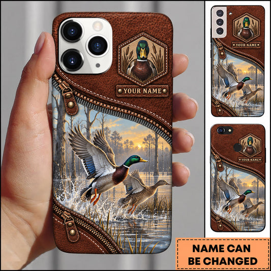 BlueJose Mallard Duck Hunting Leather Badge Flying Duck Personalized Name 3D Phone Case