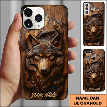 BlueJose Wolf Wildlife Wooden Carving Rustic Forest Multiple Options Personalized Name Phone Case
