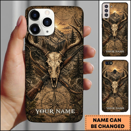 BlueJose Deer Hunting Skull Crossed Rifle Bow Vintage Mountain Compass Multiple Options Personalized Name Phone Case