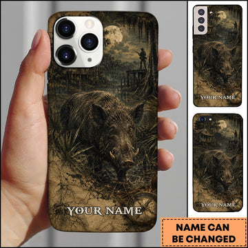 BlueJose Wild Boar Hunting Swamp Moonlight Hunter Vintage Map Multiple Options Personalized Name Phonecase