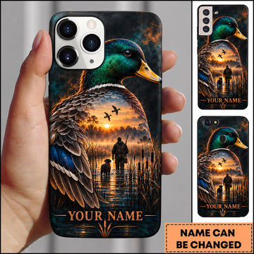 BlueJose Mallard Duck Hunting Double Exposure Hunter Marsh Personalized Name 3D Phone Case