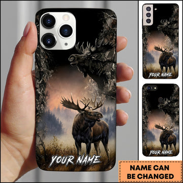 BlueJose Moose Hunting Misty Forest Wildlife Portrait Multiple Options Personalized Name Phone Case