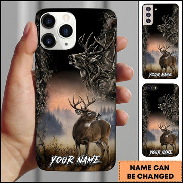 BlueJose Deer Hunting Misty Forest Whitetail Buck Portrait Multiple Options Personalized Name Phone Case