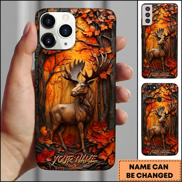 BlueJose Moose Wildlife Autumn Forest Wood Carving Art Multiple Options Personalized Name Phone Case