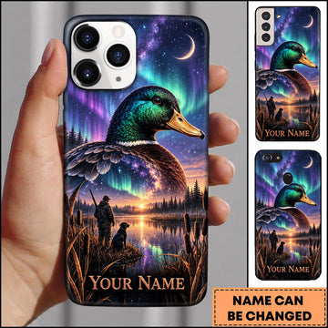 BlueJose Mallard Duck Hunting Aurora Night Lake Scene Personalized Name 3D Phone Case