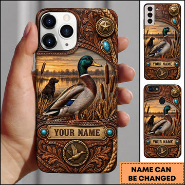 BlueJose Mallard Duck Hunting Western Leather Tooled Marsh Personalized Name 3D Phone Case