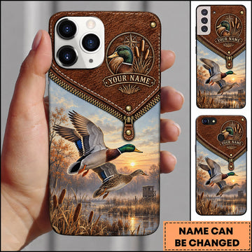 BlueJose Mallard Duck Hunting Western Leather Marsh Personalized Name 3D Phone Case