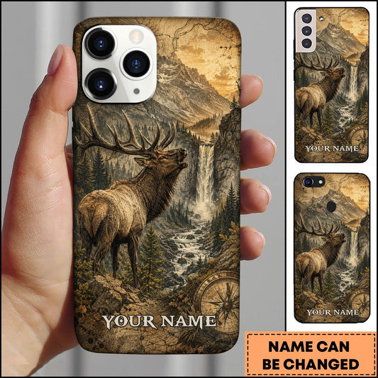 BlueJose Elk Hunting Mountain Waterfall Wildlife Compass Vintage Art Multiple Options Personalized Name Phonecase