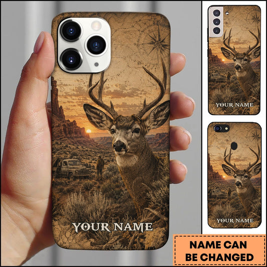 BlueJose Deer Hunting Western Desert Buck Sunset Vintage Map Multiple Options Personalized Name Phone Case