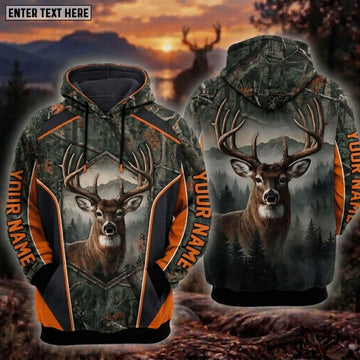BlueJose Deer Hunting Big Buck Mountain Forest Orange Stripe Camo Personalized Hoodie Your Name 3D Hoodie