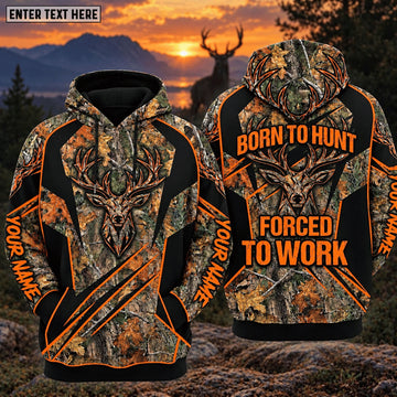BlueJose Deer Hunting Born To Hunt Forced To Work Orange Black Fall Camo Buck Head Personalized Hoodie Your Name 3D Hoodie