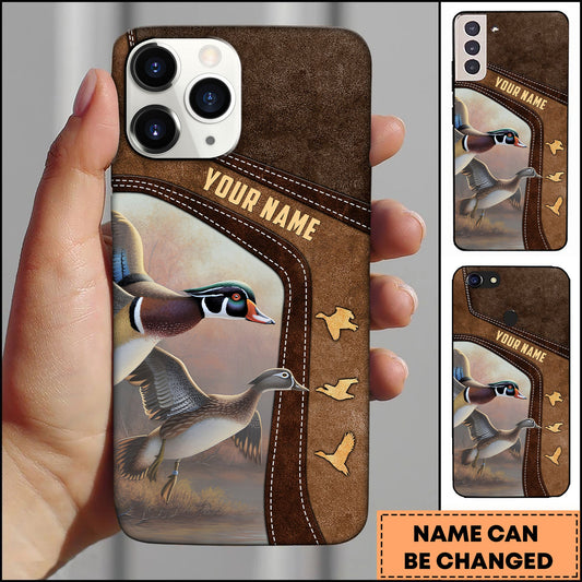 BlueJose Hunting Phone Case Duck Flying Leather Stitch Rustic Brown Personalized Name Phone Case
