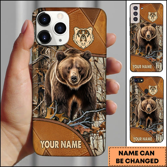 BlueJose Hunting Phonecase Brown Bear Leather Camo Forest Wildlife Design Personalized Name 3D Phone Case