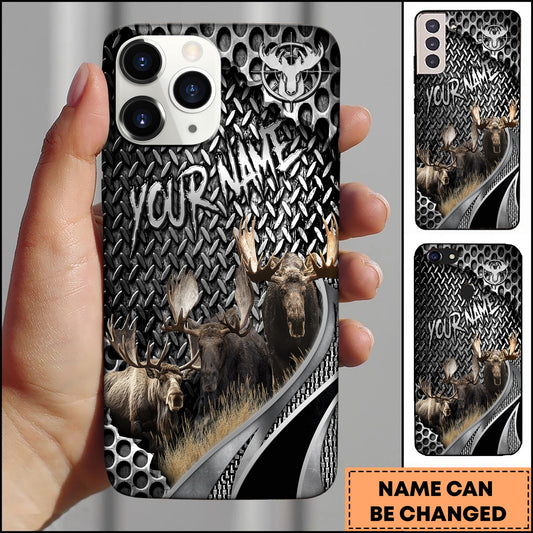 BlueJose Hunting Phone Case Moose Family Industrial Metal Texture Wilderness Art Personalized Name Phone Case