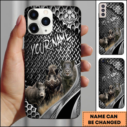 BlueJose Hunting Phone Case Boar Family Industrial Metal Texture Wilderness Art Personalized Name Phone Case