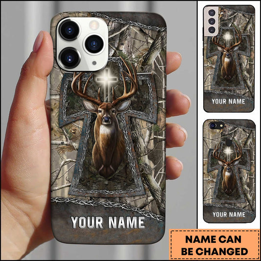 BlueJose Hunting Phone Case Christian Cross Deer Faith Hunting Camo Design Personalized Name Phone Case (6 colors)