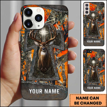 BlueJose Hunting Phone Case Christian Cross Deer Faith Hunting Camo Design Personalized Name Phone Case (6 colors)