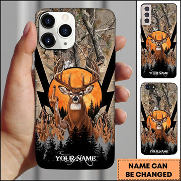 BlueJose Hunting Phone Case Whitetail Deer Middle Finger Moonlight Forest Camo Art Personalized Name Phone Case (4 colors)