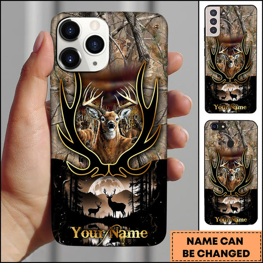BlueJose Hunting Phone Case Majestic Buck Antler Frame Full Moon Forest Camo Scene Personalized Name Phone Case (4 colors)