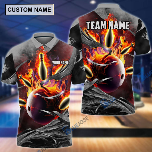 BlueJose Fire Gray Bowling and Pins Personalized Name Team Name 3D Shirt (4 Colors), Personalized Shirts For Bowling Players