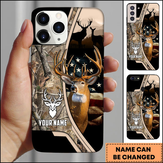 BlueJose Hunting Phone Case Whitetail Deer Camo Forest USA Flag Art Personalized Name Phone Case