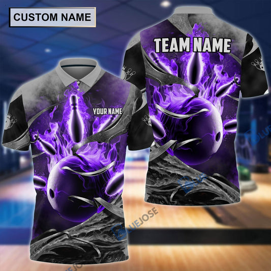 BlueJose Fire Gray Bowling and Pins Personalized Name Team Name 3D Shirt (4 Colors), Personalized Shirts For Bowling Players