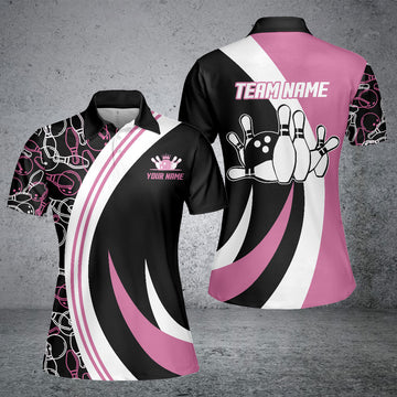 BlueJose Black&Pink Bowling Seamless Pattern Personalized All Over Printed Shirt For Women Personalized Shirts For Bowling Players