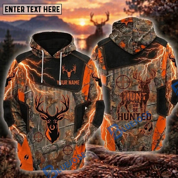 BlueJose Deer Hunting Hunt Or Be Hunted Orange Thunder Lightning Buck Skull Crosshair Camo Personalized Hoodie Custom Name 3D Shirt