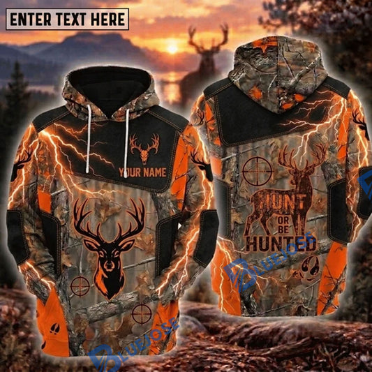 BlueJose Deer Hunting Hunt Or Be Hunted Orange Thunder Lightning Buck Skull Crosshair Camo Personalized Hoodie Custom Name 3D Shirt