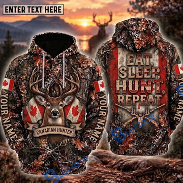 BlueJose Deer Hunting Canadian Hunter Eat Sleep Hunt Repeat Canada Flag Buck Camo Personalized Hoodie Custom Name 3D Shirt