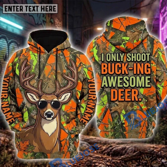 BlueJose Deer Hunting I Only Shoot Buck-ing Awesome Deer Funny Sunglasses Orange Blaze Camo Personalized Hoodie Custom Name 3D Shirt