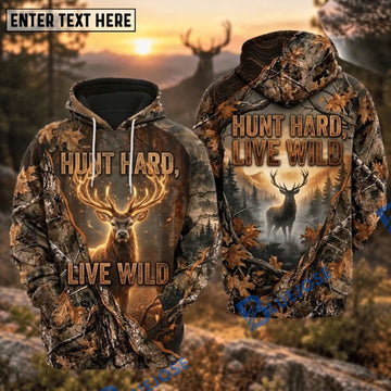 BlueJose Deer Hunting Hunt Hard Live Wild Glowing Buck Forest Mountain Sunset Camo Hoodie Custom Text 3D Shirt