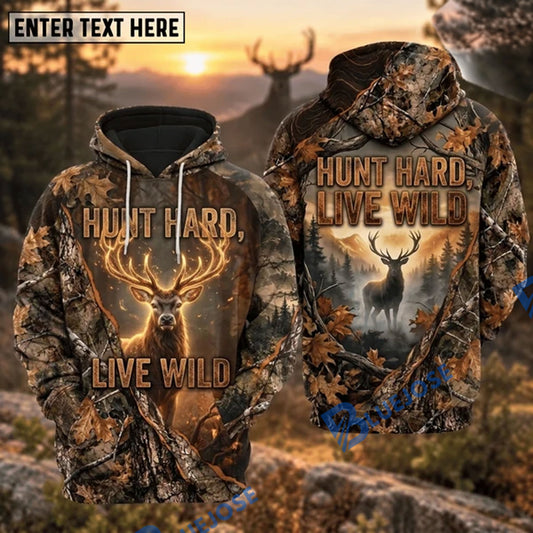 BlueJose Deer Hunting Hunt Hard Live Wild Glowing Buck Forest Mountain Sunset Camo Hoodie Custom Text 3D Shirt