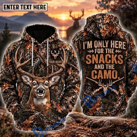 BlueJose Deer Hunting I'm Only Here For The Snacks And The Camo Funny Buck Face Camo Personalized Hoodie Custom Name 3D Shirt