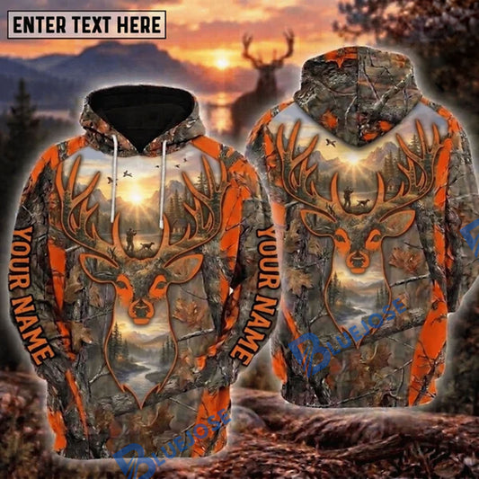 BlueJose Deer Hunting Orange Buck Head Hunter Dog River Forest Camo Personalized Hoodie Custom Name 3D Shirt
