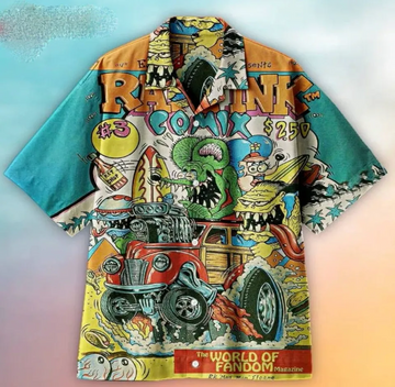 BlueJose Funny Rat Fink Button Shirt Cartoon Car