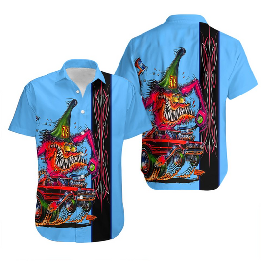 Bluejose Rat Fink Hawaiian Shirt - Retro Hot Rod Cartoon, Flames & Classic Kustom Art NEW
